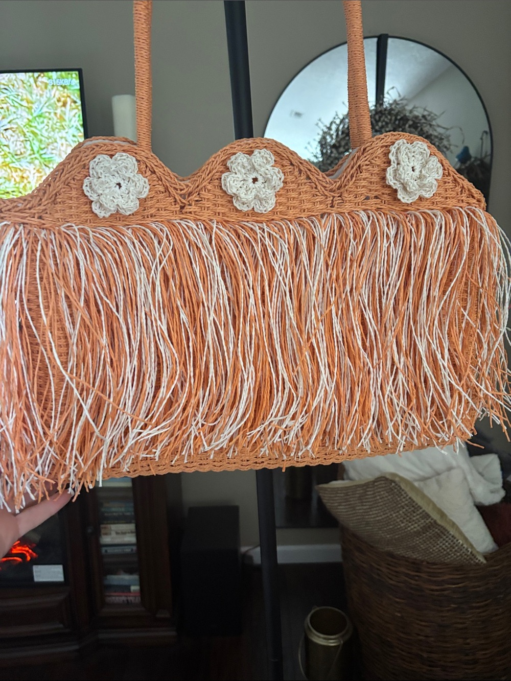 Handwoven Orange Fringe Tote with Cream Crochet Flowers